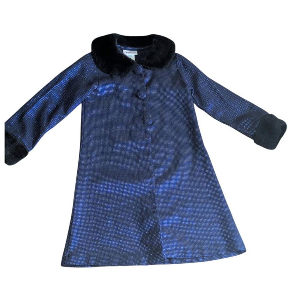 Youngland Vintage Mod Coat Girl’s 6X Blue Metallic Sparkle Faux Fur Collar Cuffs
